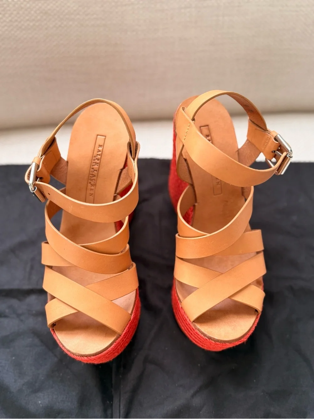Ralph Lauren Purple Label Tan Leather Platform Sandals with Red Trim